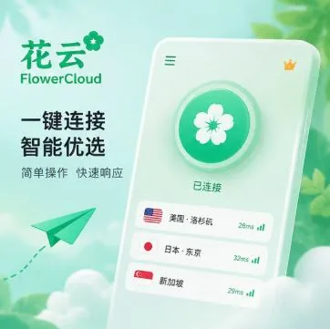 花云 FlowerCloud 品牌宣传图：客户端一键连接与节点列表界面示意